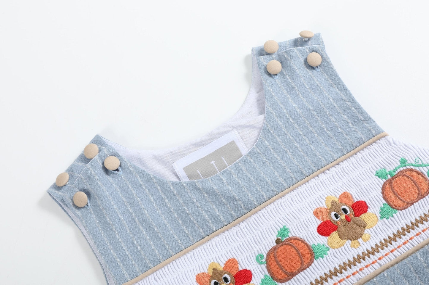Light Blue Pinstripe Turkey Smocked Overalls