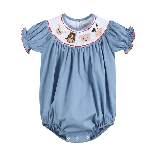 Blue Farm Animals Smocked Romper