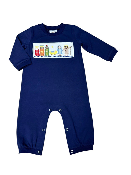 THREE SISTERS Nativity Smocked Boys Romper