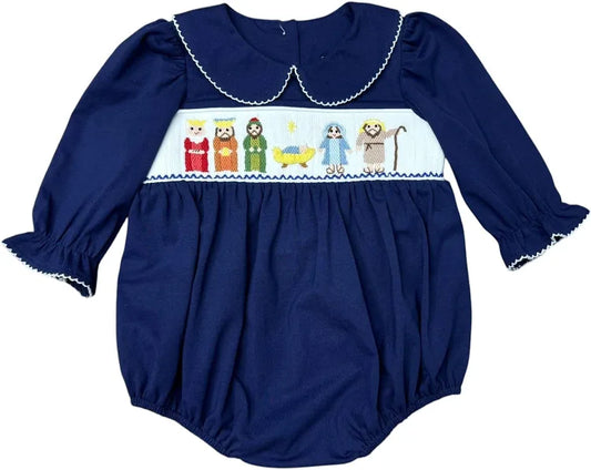 THREE SISTERS Nativity Smocked Girls L/S Romper
