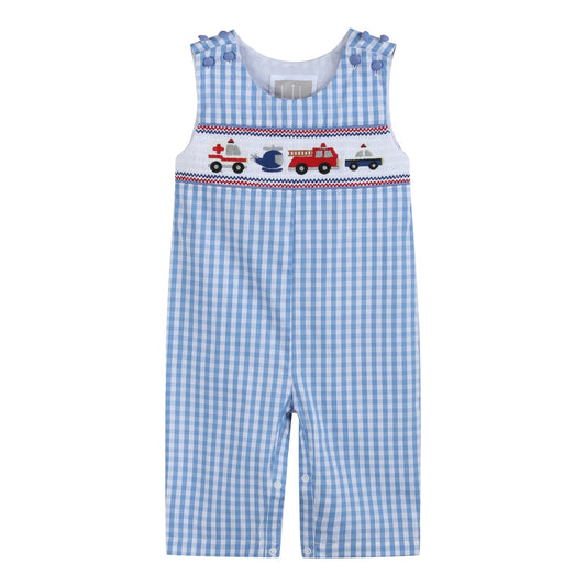 Blue Gingham Emergency Vehicles Smocked Overalls