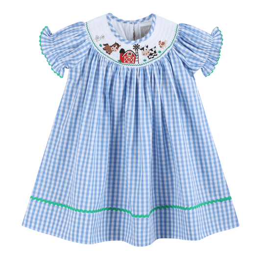Blue Gingham Farm Smocked Bishop Dress