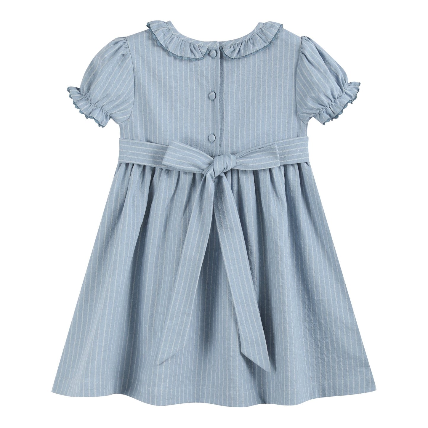 Light Blue Pinstripe Smocked Ruffle Dress