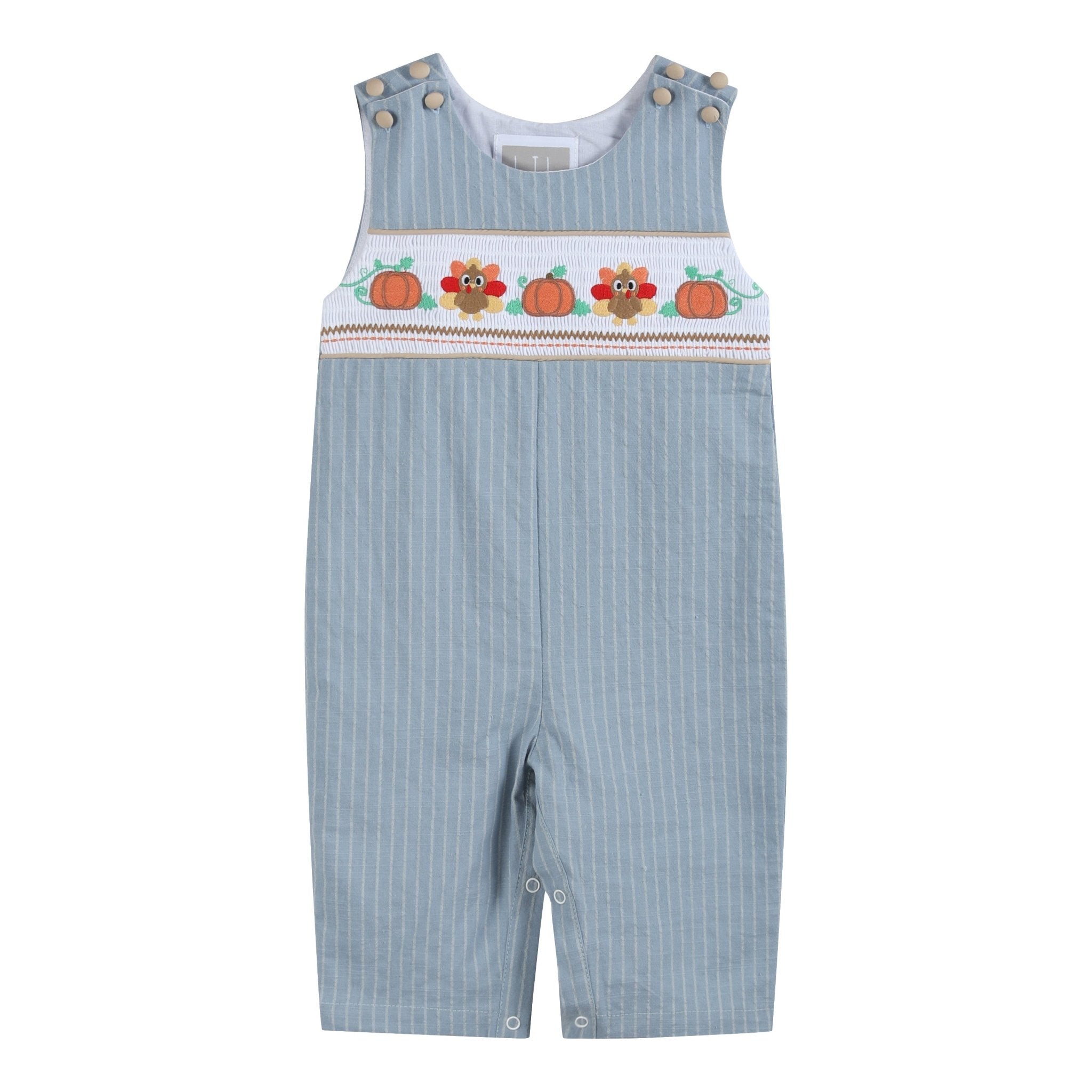 Light Blue Pinstripe Turkey Smocked Overalls – My Three Littles