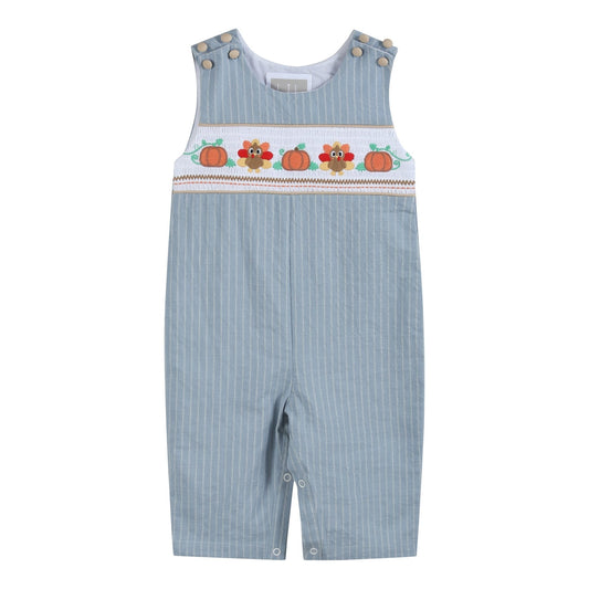 Light Blue Pinstripe Turkey Smocked Overalls
