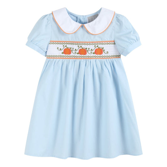 Light Blue Pumpkin Vine Smocked Dress