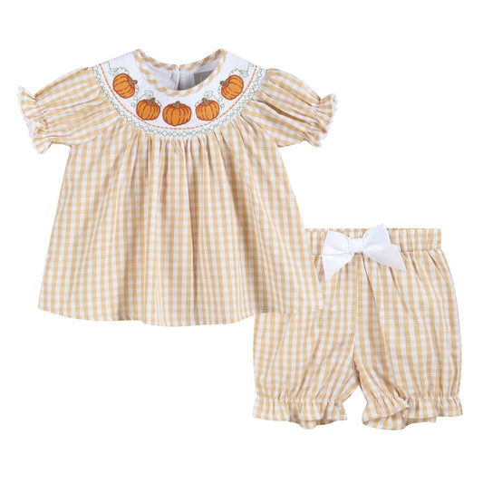 Light Brown Gingham Pumpkin Vine Dress and Bloomer Set