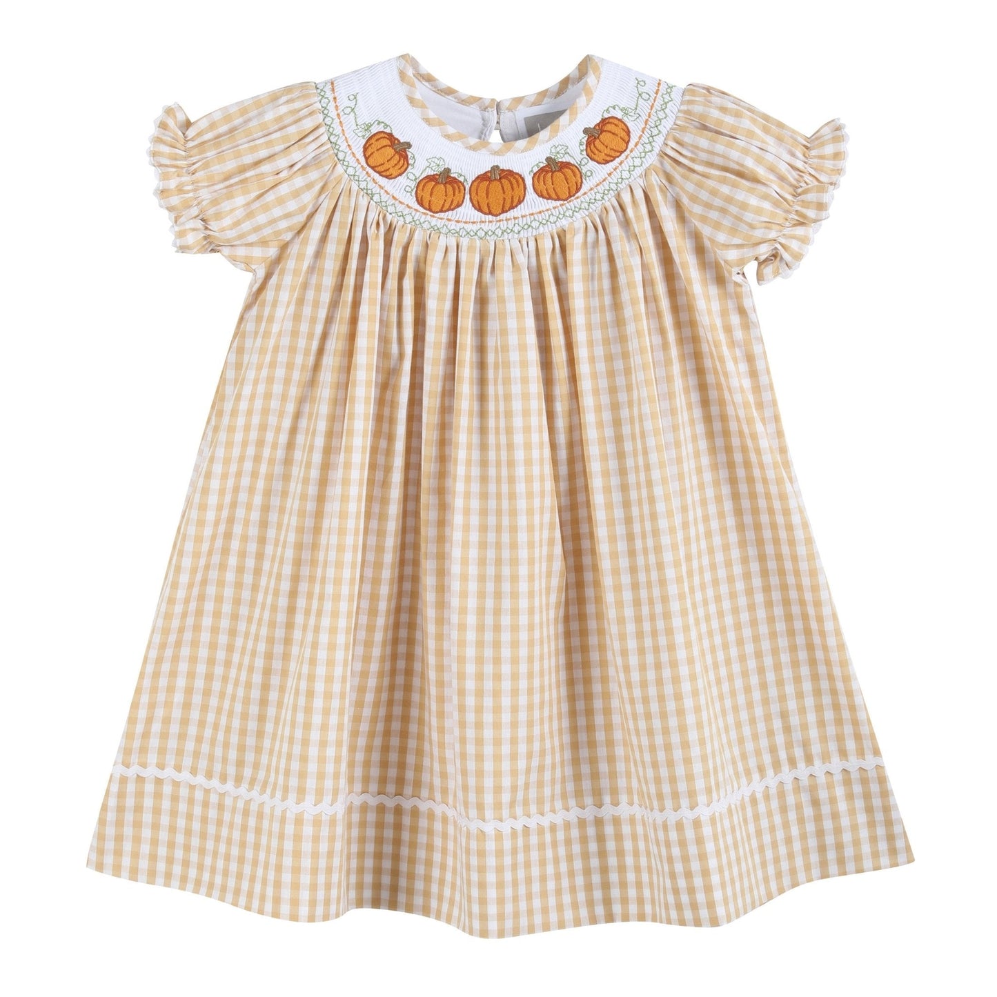 Light Brown Gingham Pumpkin Vine Smocked Bishop Dress
