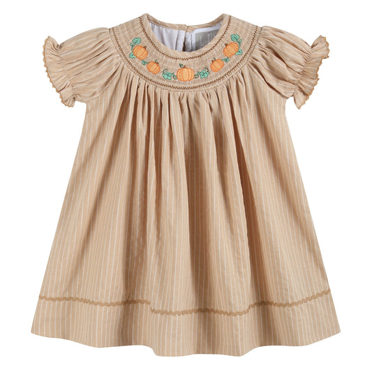 Light Brown Pinstripe Pumpkin Smocked Bishop Dress