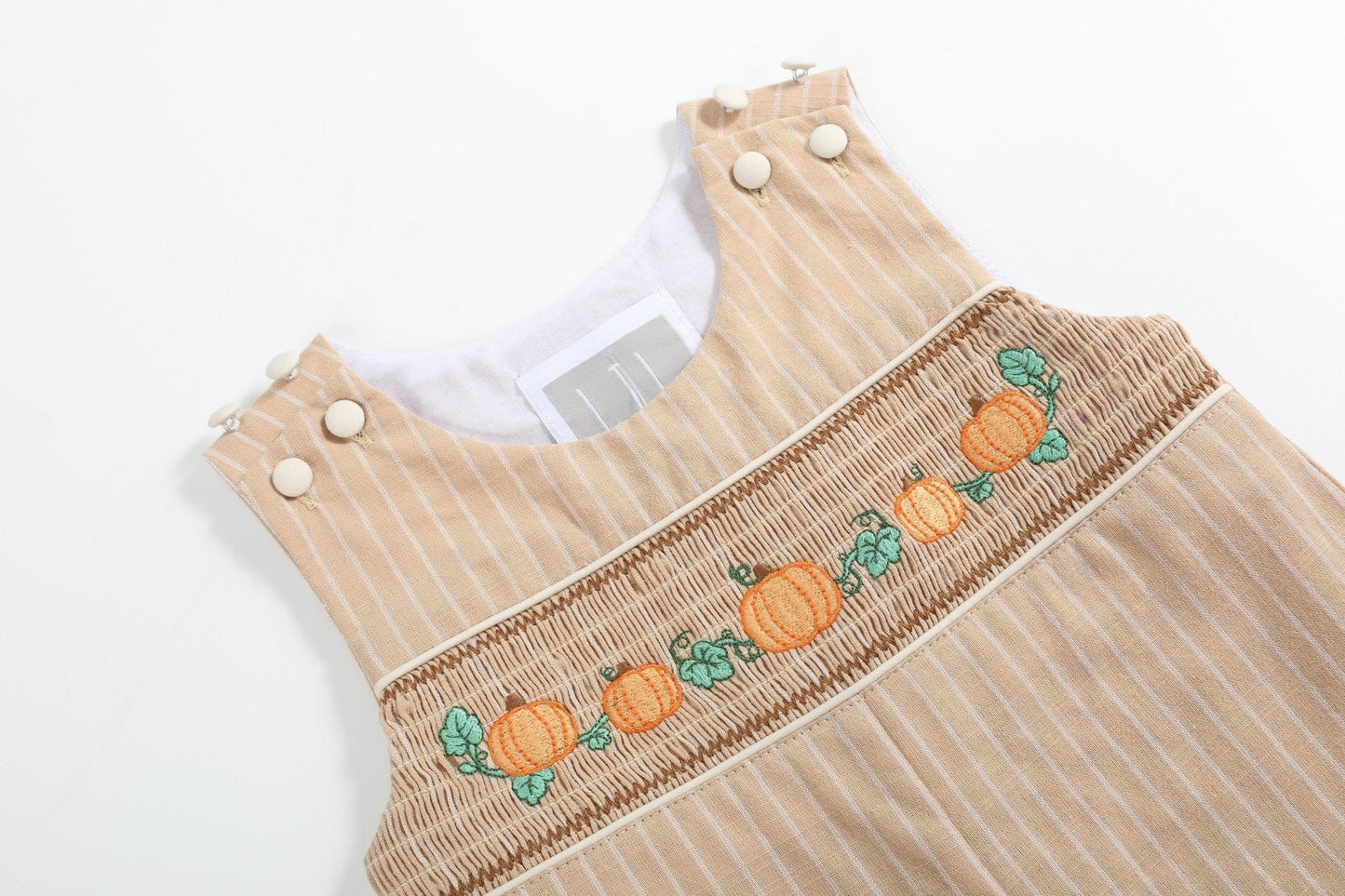 Light Brown Pinstripe Pumpkin Smocked Overalls