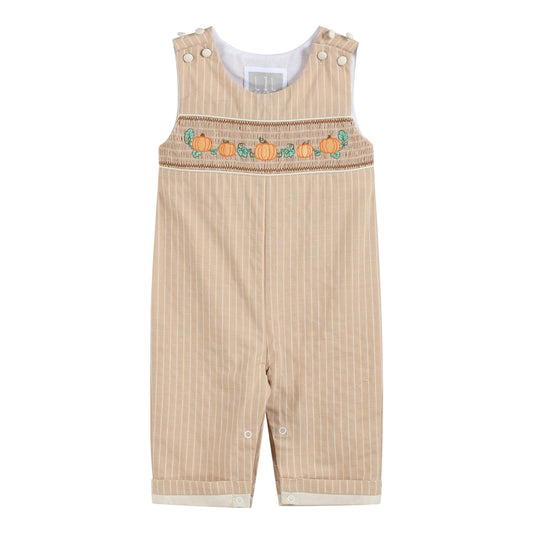 Light Brown Pinstripe Pumpkin Smocked Overalls